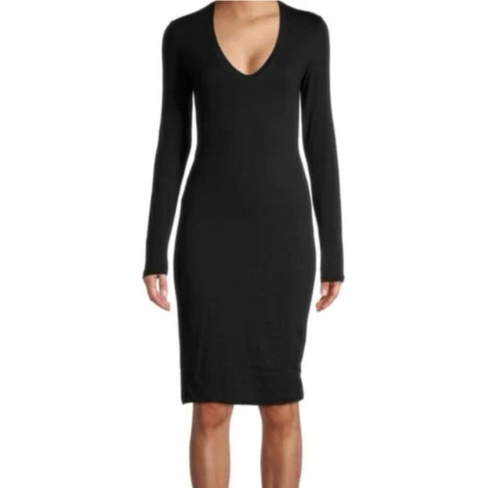 James Perse Women's Black V-Neck Cotton Long Sleeve Dress Medium Minimalist LBD
